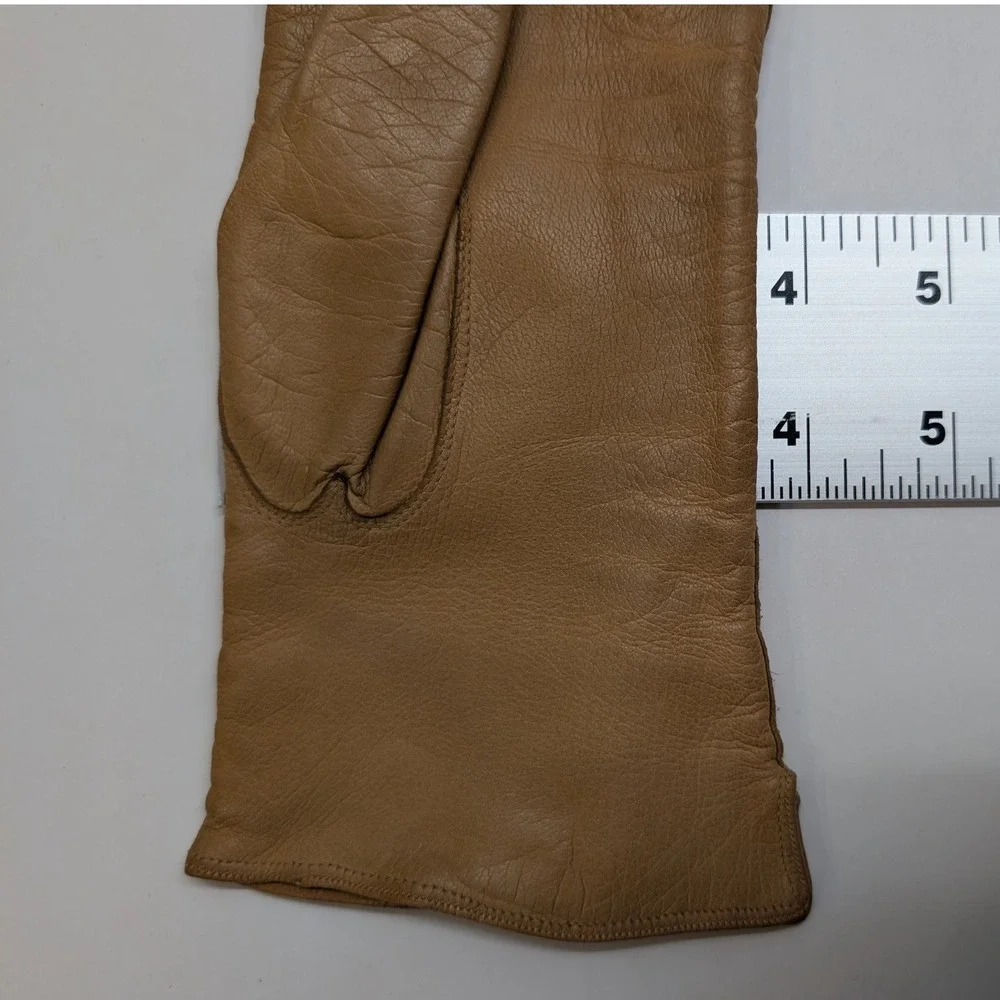 Vtg Tan Camel Leather Driving Gloves Women's‎ Stitch Detail Lined Fit Like Med/8